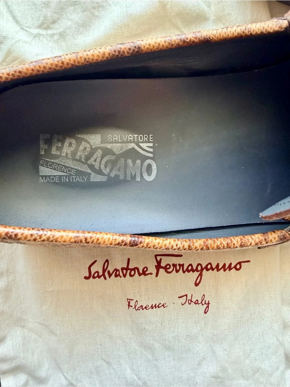 Salvatore Ferragamo Tan/Brown Snake-Print Leather Bit Loafers